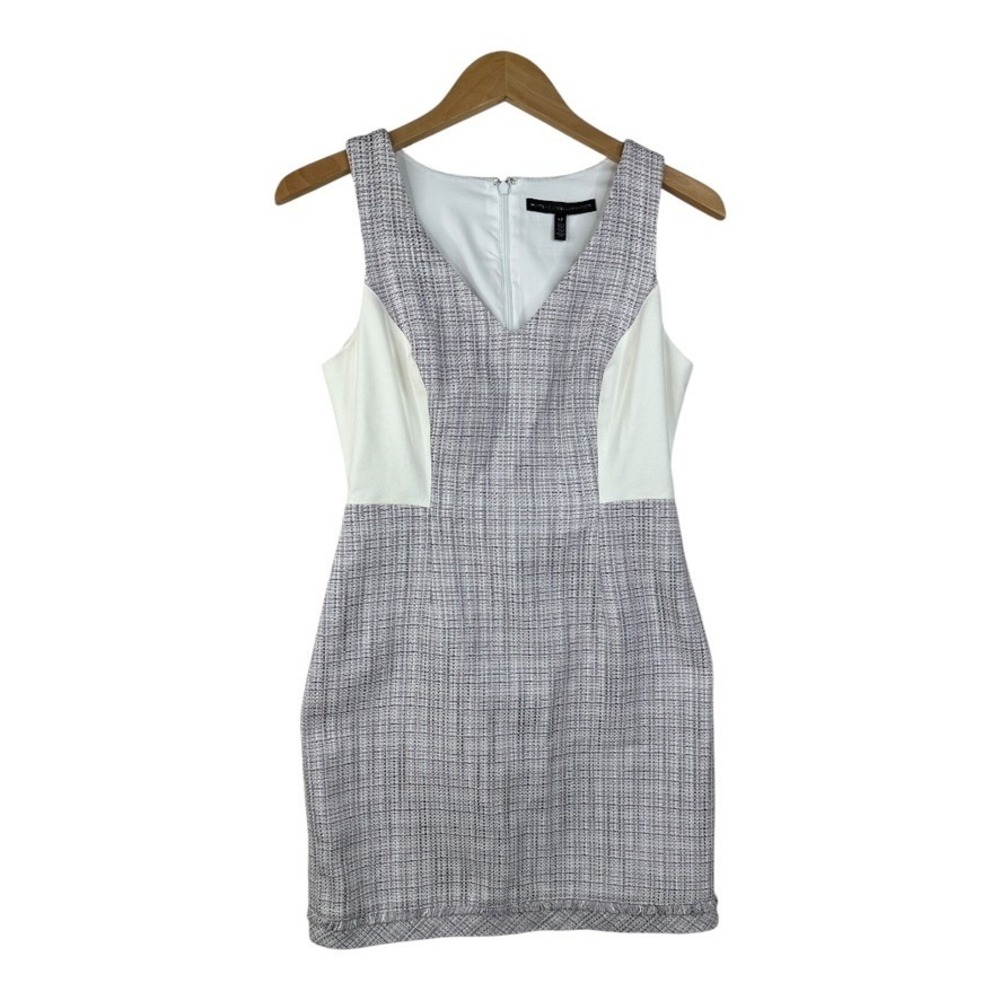 White House Black Market Tweed Dress Sleeveless V Neck Size 6P Lavender Gray
